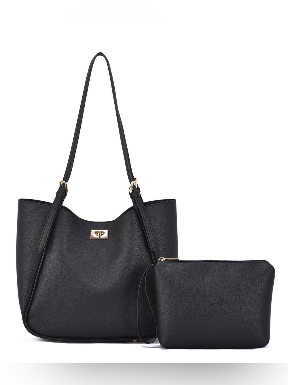 Brooklyn Black Vegan Leather Tote Bag + Wristlet Pouch NWT